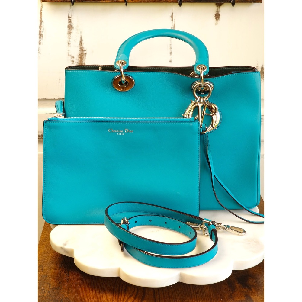 Christian Dior Diorissimo Turquoise Leather Tote Bag Silver Hardware with Pouch - Picture 7 of 16